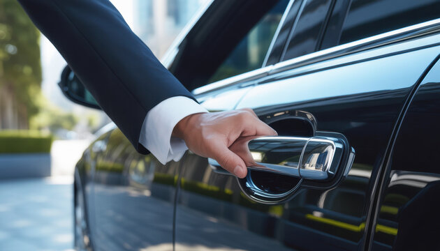 Man in black suit opens luxury car door. Person with wristwatch, cufflink, closes car door handle. Upscale transport, chauffeur service, business travel. 