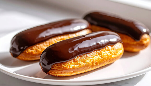 Freshly baked eclairs with glossy chocolate glaze on plate, appetizing sweet food, tasty dessert, gourmet