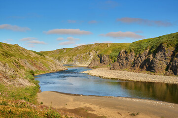 Arctic landscape, rocky canyon of a river in the tundra.