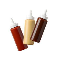Three plastic squeeze bottles containing ketchup, mustard, and BBQ sauce floating mid-air, specifically designed for professional food packaging and restaurant menu graphics illustrations.