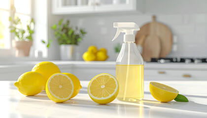 Homemade Lemon Cleaning Spray on a Modern Kitchen Counter.