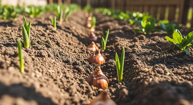 Rows of young tulip sprouts emerging from the soil with bulbs visible, ready for spring growth.