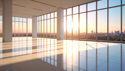 Modern empty office space with large windows and cityscape view at sunrise.