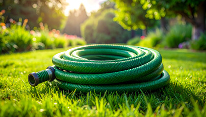 Green garden hose coiled on lush green grass in a sunny garden.