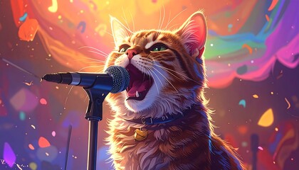 Singing tabby cat with a collar belts into a microphone on a bright, festive stage amid confetti