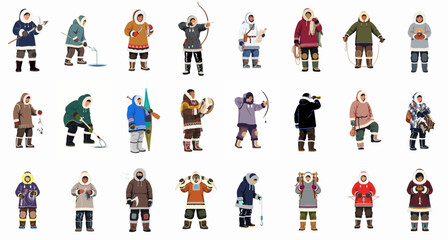 Arctic Indigenous People set: Flat vector illustrations of Eskimo and Inuit characters performing traditional survival activities, including hunting, ice fishing, and cultural rituals. © Sabiqul