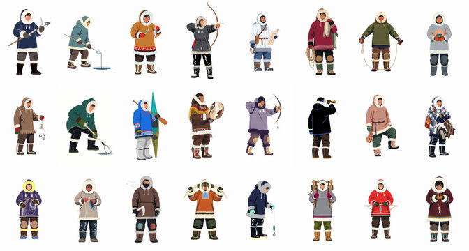 Arctic Indigenous People set: Flat vector illustrations of Eskimo and Inuit characters performing traditional survival activities, including hunting, ice fishing, and cultural rituals.