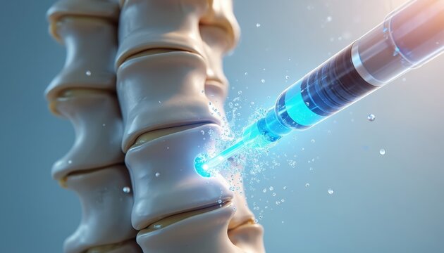 Syringe injects blue fluid into spinal column segment. Advanced medical procedure targets pain relief and healing. Modern tech aids recovery in health care.
