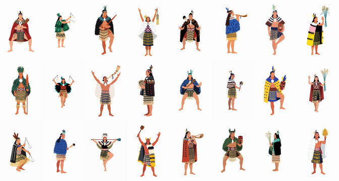 Diverse Māori Performers Vector Set: Indigenous New Zealand People in Traditional Attire, Featuring Haka Warriors, Poi Dancers, and Cultural Ceremonies.