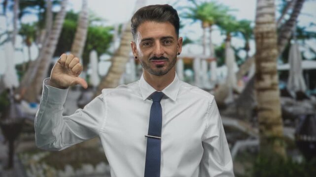 Man in white shirt and blue tie points index finger upward and gestures thumb down in building lobby; uncertainty contrast.