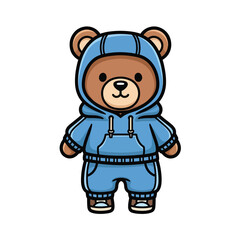Illustration of a cartoon bear wearing a blue hooded overall standing in a neutral background viewed from the front