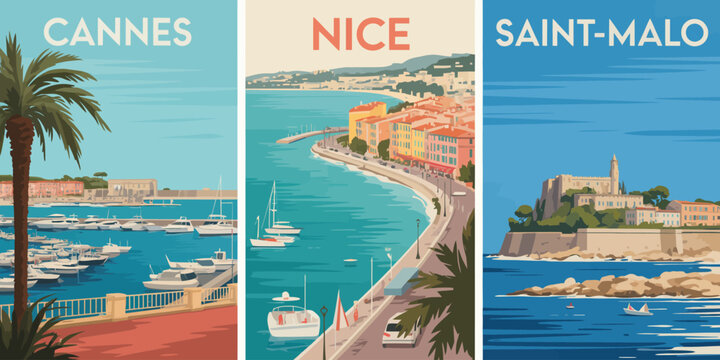 France Travel Poster, Nice text and Saint Malo medieval castle seaside illustration