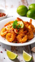 Shrimp dish with lime. Served on a white plate with spices, lime wedges and whole limes in the background