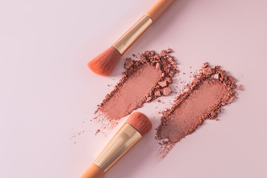 Professional makeup products and brushes on display