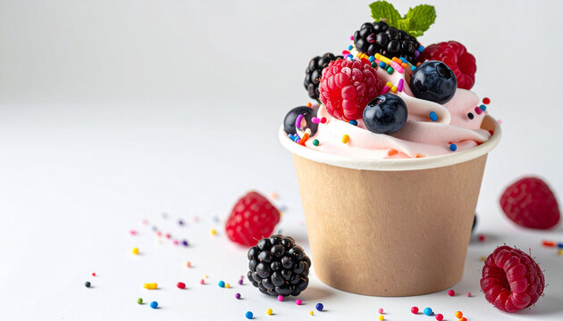 Frozen yogurt in paper cup, topped with fresh berries and rainbow sprinkles, appetizing dessert.