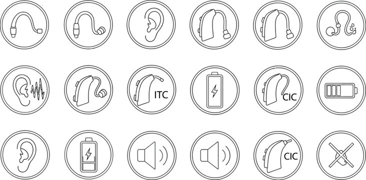 A comprehensive collection of line icons representing various types of hearing aids power indicators and auditory function symbols set against a light background