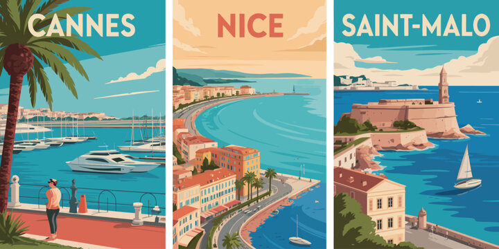 Nice Saint Malo Poster, coral typography coastal castle rocky shore boats travel vector