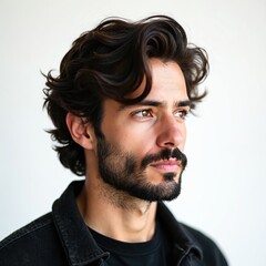 Obraz premium Man with wavy brown hair and beard, side profile studio portrait. He looks to the right, with brown eyes and dark clothing. Clean white background isolates his face and features.