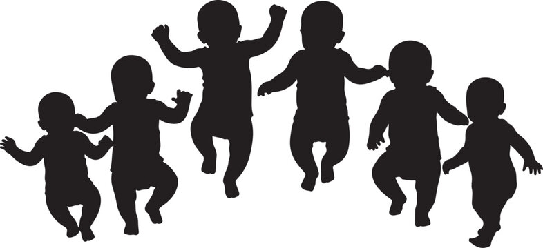 Silhouettes of six dancing babies in black and white