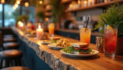 Bar counter with food drinks plants. Sandwich pasta salad drinks on wood counter. Cozy atmosphere with soft lights and plants. Ideal for restaurant cafe lifestyle blog posts.