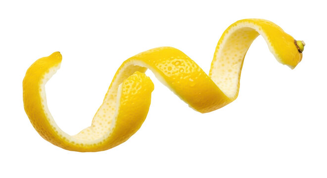 Bright yellow lemon peel curl isolated PNG, citrus zest garnish for cocktails and desserts on transparent background