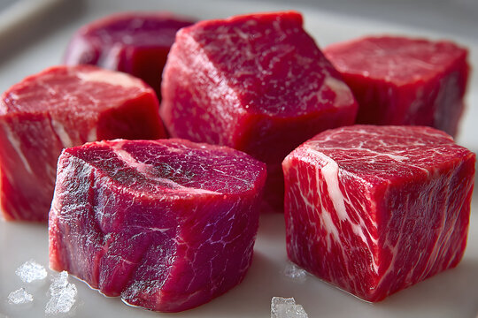 High-quality, raw beef cuts on a cold, icy platter showcasing rich marbling and vibrant red hues. ideal for culinary arts, professional cooking, and gourmet recipe ideas, emphasizing freshness and qua