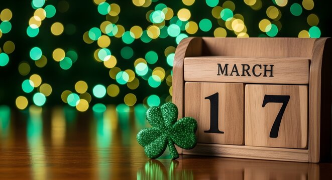Cinematic St. Patrick&rsquo;s Day setup with a dark wooden calendar for March 17, featuring glossy floating shamrocks and golden sparks against a vibrant green auror