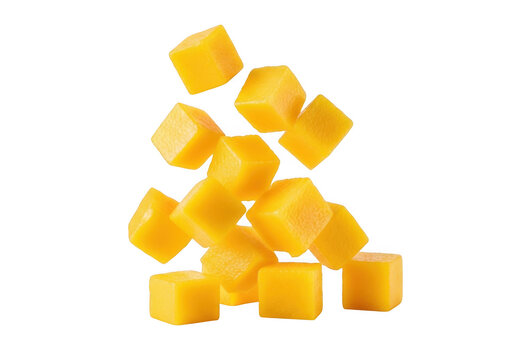 Fresh mango chunks falling isolated on transparent background