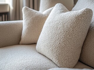 Close-up of boucle fabric upholstery on modern furniture, showcasing texture and soft wool blend in cozy interior setting