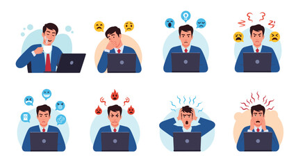 Fototapeta premium Young businessman in a blue suit displays eight different emotions from frustration to anger while working on his laptop.