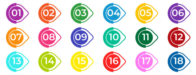 Set of multicolored numbered markers 1&ndash;18 with bright checkmarks, flat vector icons, colorful labels and infographic elements isolated on white background