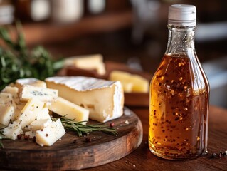 A bottle of chili-infused hot honey next to a cheese platter, demonstrating its versatility as a condiment and topping