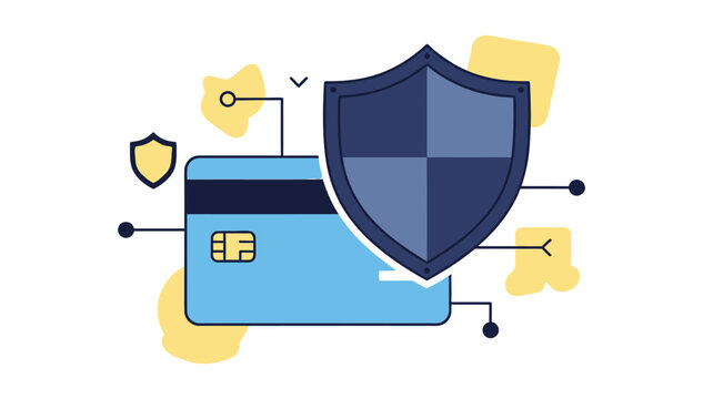 Secure online payment processing illustration with credit card and protection shield symbolizing safe financial transactions for e-commerce businesses