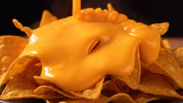 A vibrant cheese sauce being poured onto a pile of crispy nacho chips in a mouth-watering video close-up shot