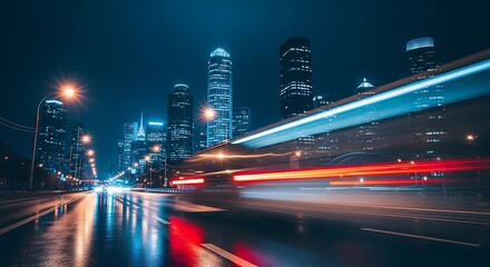 Nighttime cityscape with blurred light trails from moving vehicles and illuminated skyscrapers
