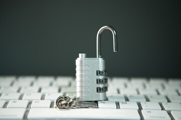 computer mouse and padlock with a computer keyboard.