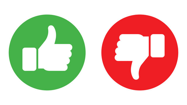 thumbs up and thumbs down icons in green and red circles approval and dislike feedback rating concept flat vector illustration