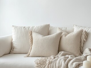 Cozy minimalist living room featuring soft boucle fabric throws and pillows on a sleek sofa, with an eco-friendly atmosphere