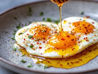 Spicy sweet hot honey being added to a gourmet plate of eggs, showcasing its use as a unique topping for breakfast dishes
