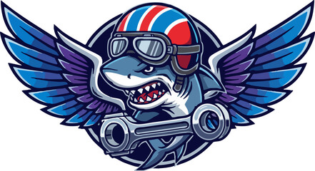 Fototapeta premium Aggressive racing shark mascot holding piston with wings graphic logo.
