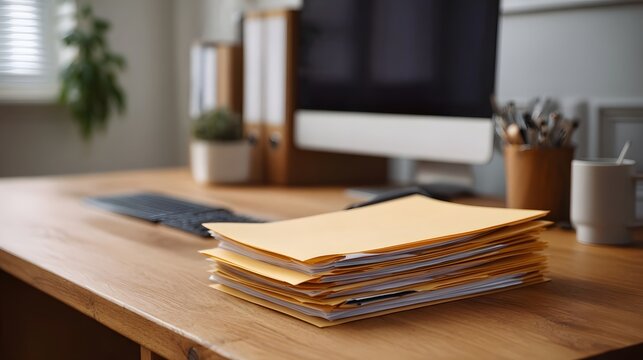 A neat stack of yellow folders and documents sits on a wooden office desk next to a computer