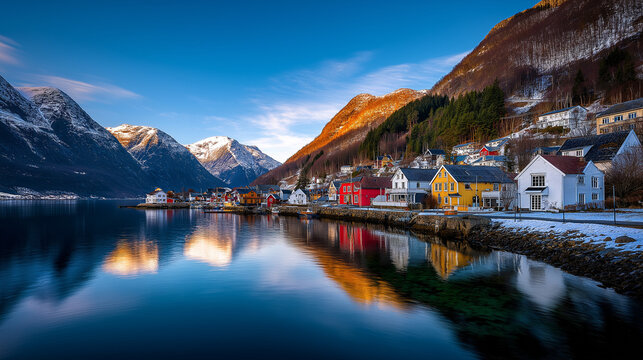 AI generator images of Beautiful scenery and striking water reflections make up Norway's oldest and best-preserved fishing village, "rorbuer" or fishermen's huts, many of which have now been converted
