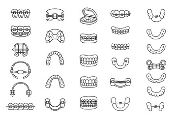 A set dental appliance icons in vector format, depicting various braces, retainers, and dental instruments for orthodontic and dental treatment. Ideal for educational and professional use