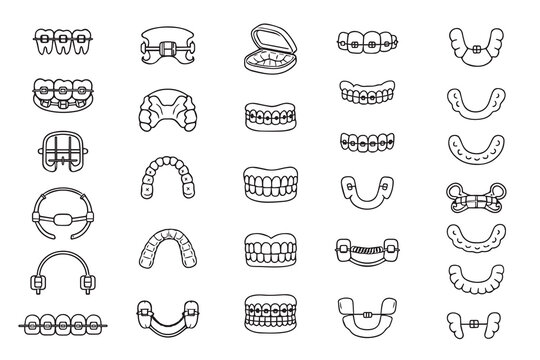 A set  dental appliance icons in vector format, depicting various braces, retainers, and dental instruments for orthodontic and dental treatment. Ideal for educational and professional use