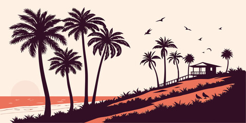 Silhouette of palm trees at sunset with birds flying in the sky.