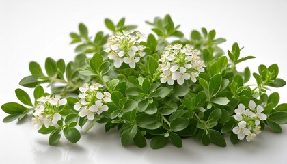 bacopa monnieri brahmi plant with lush green foliage and delicate white flowers on a clean white background