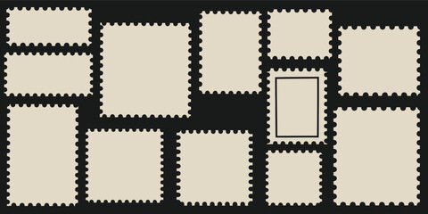 Fototapeta premium A collection of blank postage stamps on a black background with one highlighted stamp