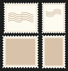 Obraz premium A set of blank and stamped postage templates on a black background