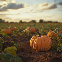 Ripe pumpkins in a sunny autumn field at sunset