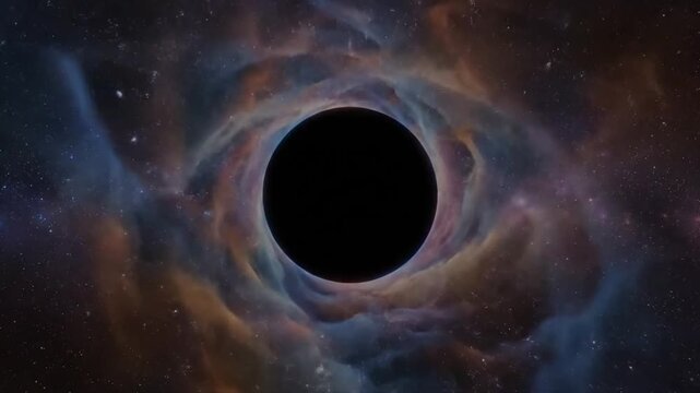 Black hole with swirling colorful accretion disk in space, astronomy background for presentation or website